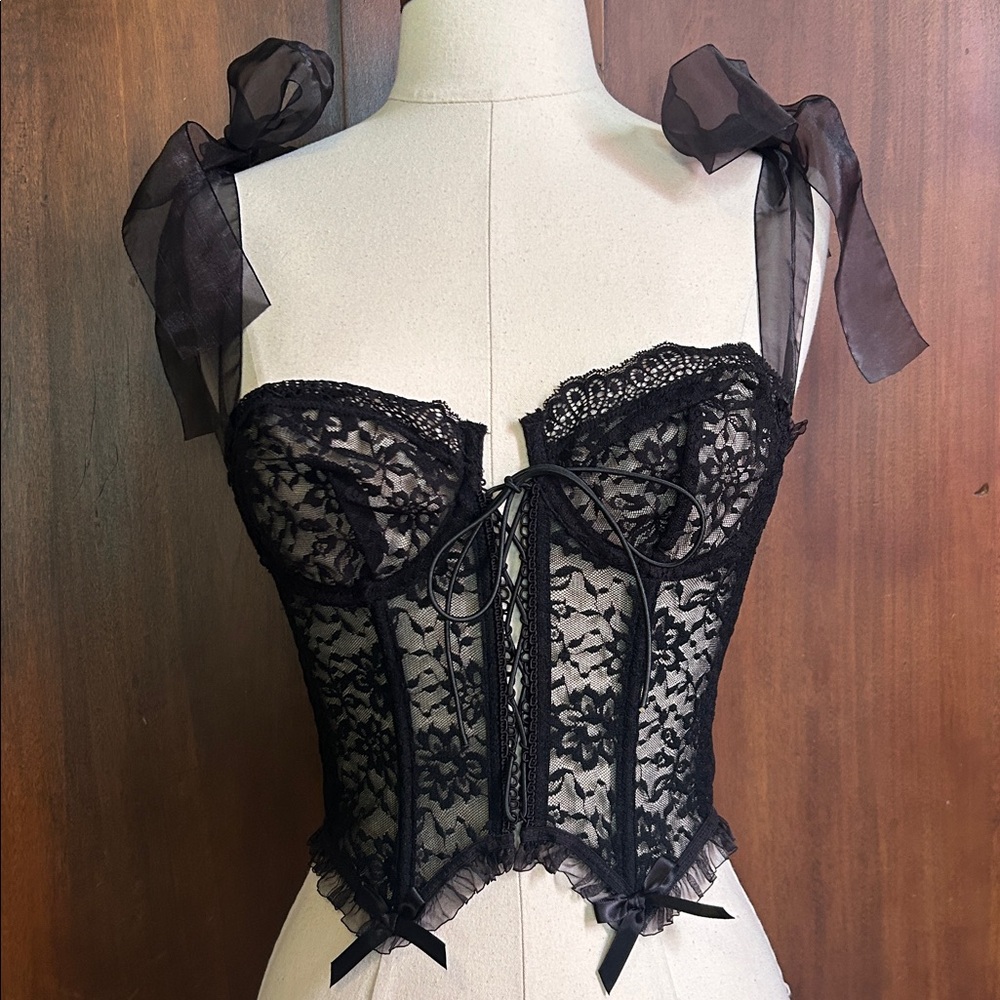 Black Lace Corset with Sheer Organza Bow Straps S - Picture 6 of 6